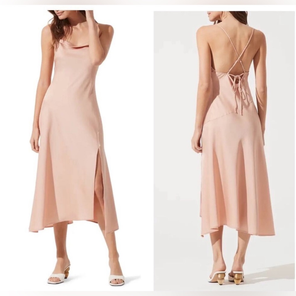 Astr the label satin slip dress with slit and cowl neck